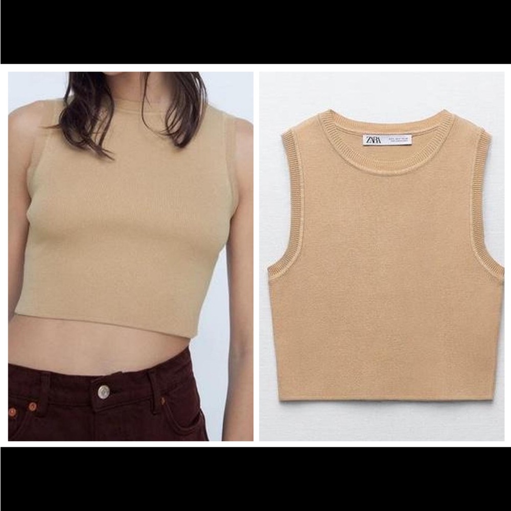 Zara knit high neck crop top, beige/tan size; L NWT.
